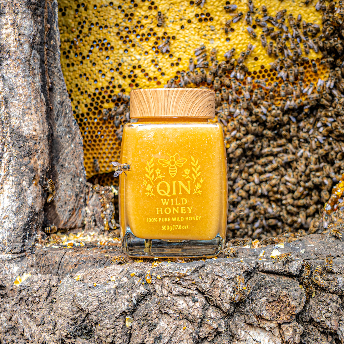 Raw Qinling wild honey dripping from a wooden comb, rich and golden like premium Manuka honey.
